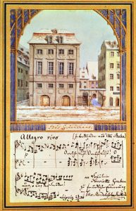 XZL151530 The Leipzig Gewandhaus with a piece of music by Felix Mendelssohn (1809-47) (w/c on paper) by German School, (19th century) watercolour on paper Private Collection German, out of copyright