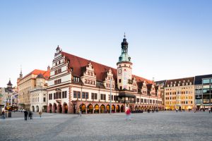 Old town hall and market place in Leipzig, Germany at dawn.